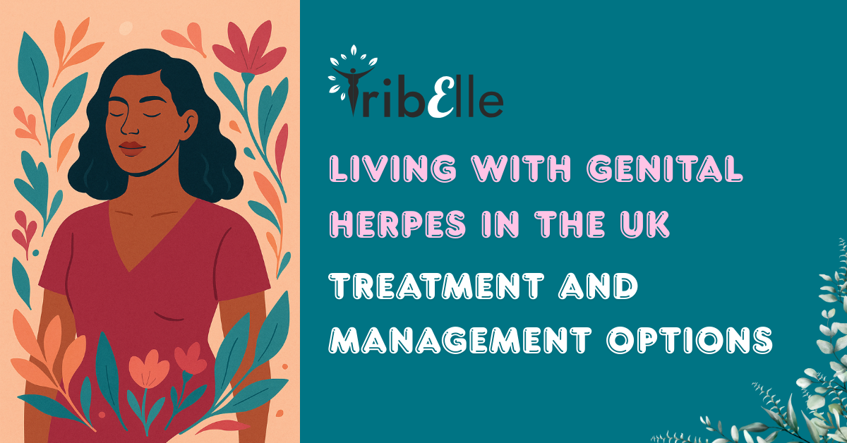Living with genital herpes in the UK blog header - TribElle women's health - woman surrounded by flowers showing herpes treatment and management options