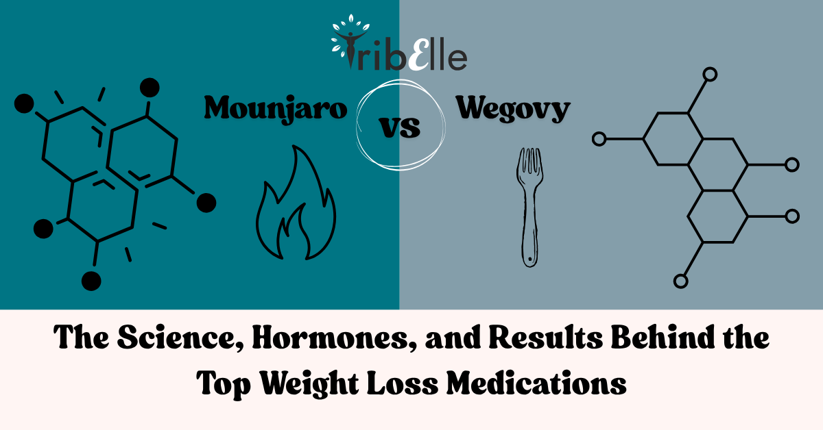 Mounjaro vs Wegovy comparison graphic with split teal and grey background, molecular icons, flame and fork symbols, and bold title ‘The Science, Hormones, and Results Behind the Top Weight Loss Medications’ with TribElle branding.